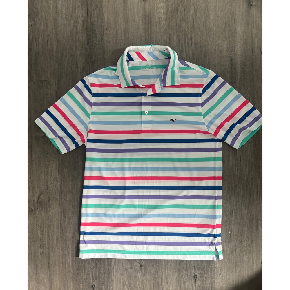 Vineyard Vines Polo Shirt Mens Small White Multi Stripe Performance Golf Whale